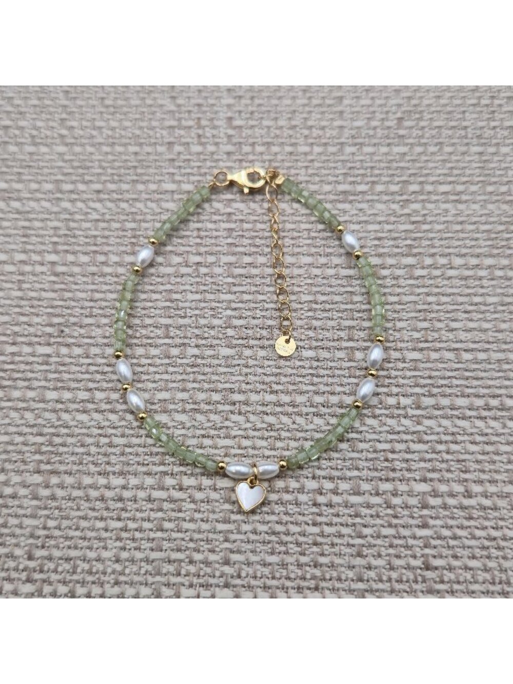 6.5 + 1.5 Inch Gold Vermeil Sterling Silver Green Glass Heart Charm Bracelet A88
